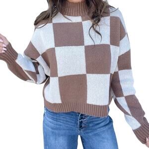 Blu Pepper Checkerboard Mock Neck Sweater Size Small